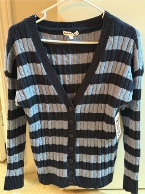 Sweet Envy Blue Striped Cable-Knit Cardigan – Size Large – NWT